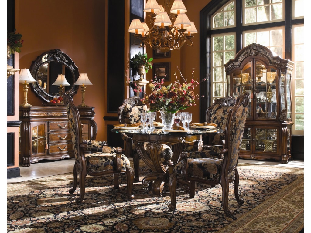 Michael Amini Opnte 5 Piece Glass Top Round Dining Table Set Round Dining Table Set Shown With Sideboard And Curio