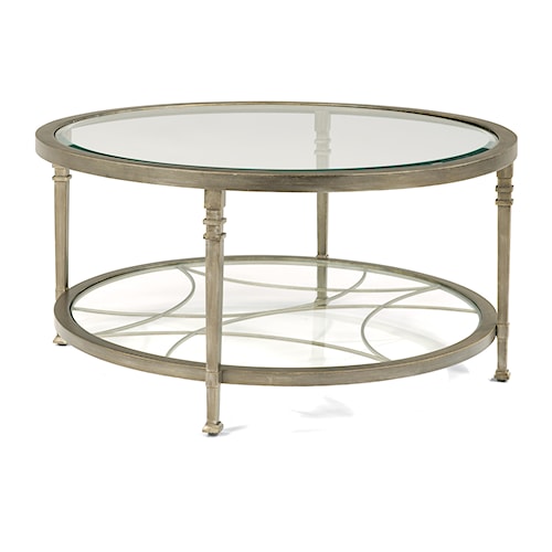 Flexsteel Atrium Transitional Round Cocktail Table With Glass Flexsteel Atrium Transitional Round Cocktail Table with Glass Shelves and Decorative Fretwork - Flexsteel Atrium Transitional Round Cocktail Table With Glass