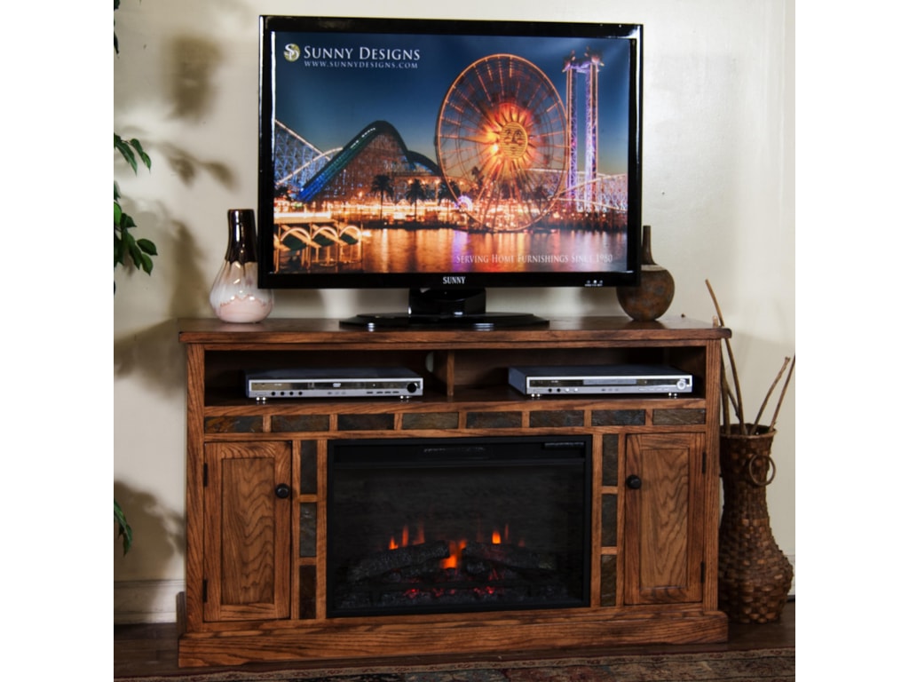 Sunny Designs Sedona Distressed Oak Fireplace TV Console W/ 26 This item is on display in our showroom or stocked in our warehouse, however fabrics or color in the picture may vary from actual product in the store. - Sunny Designs Sedona Distressed Oak Fireplace TV Console W/ 26