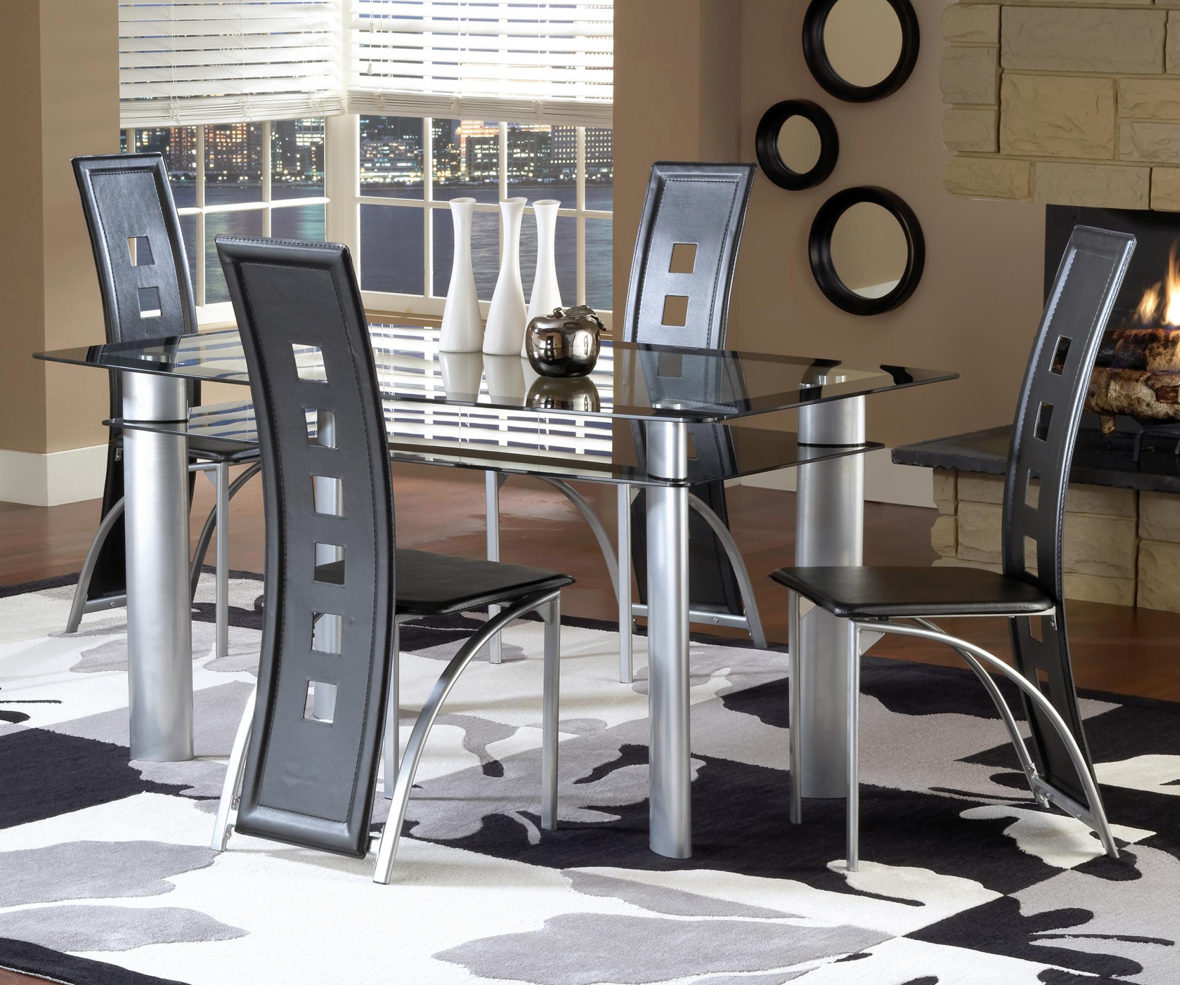 Bernards Astro Contemporary 5Piece Smoked Glass Top Set with Black Vinyl Chairs