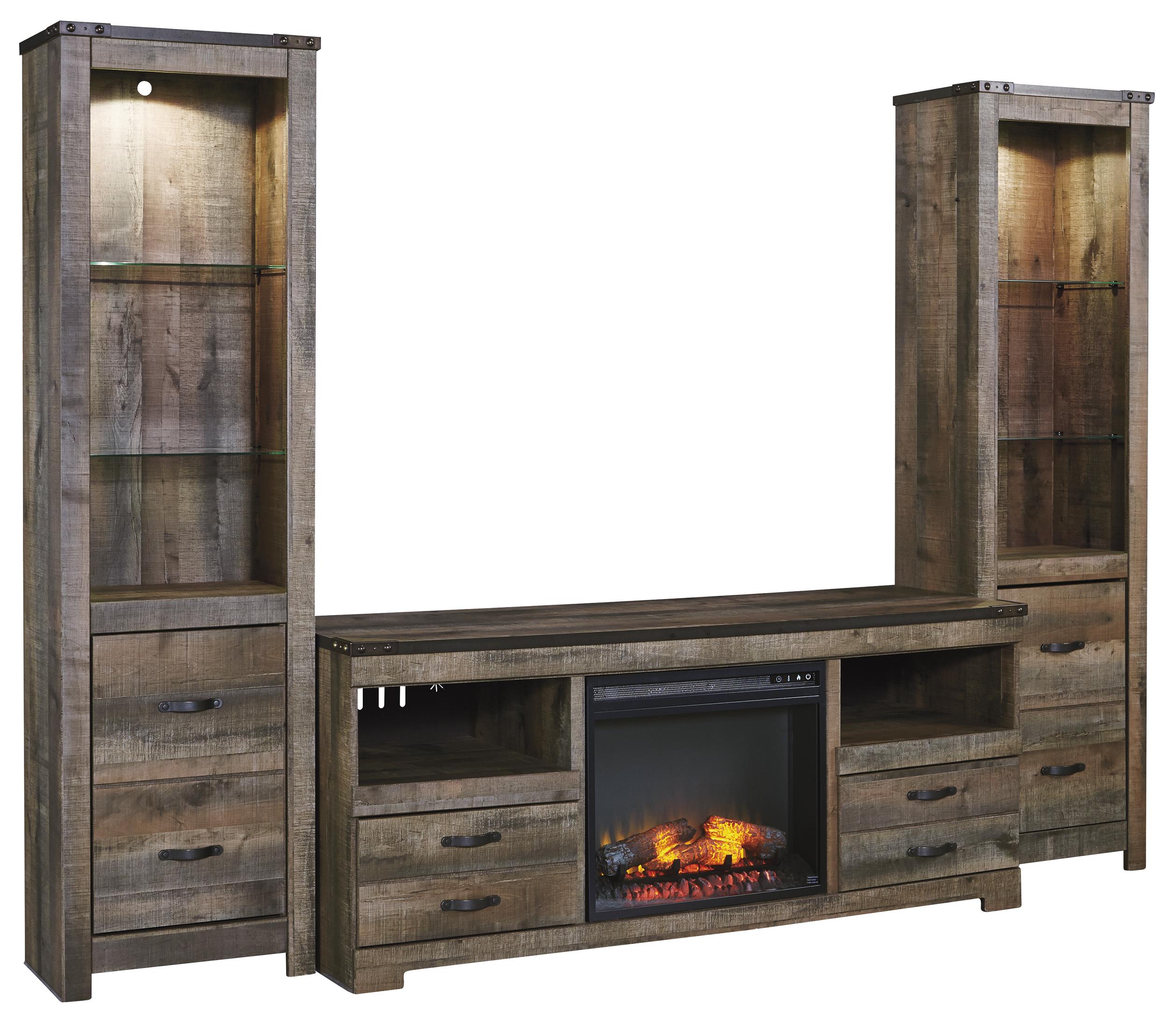 Signature Design by Ashley Trinell Rustic Large TV Stand w/ Fireplace 