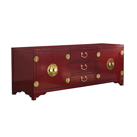 Red Pacifica TV Console Media Unit with Polished Brass Hardware