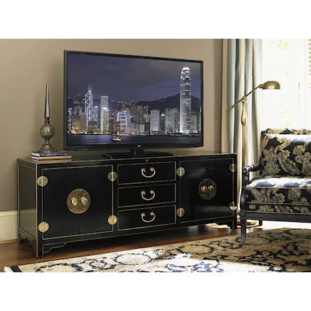Black Pacifica TV Console Media Unit with Polished Brass Hardware