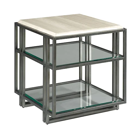 Contemporary Rectangular End Table with Stone Top and Glass Shelves