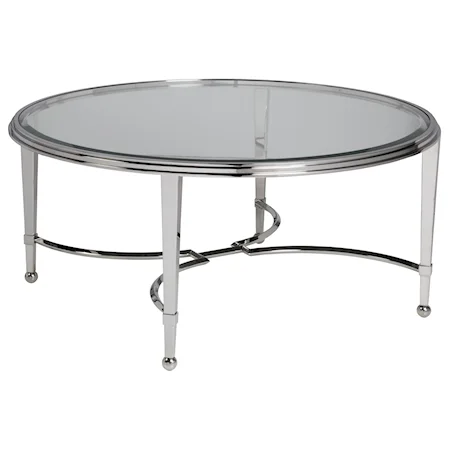 Transitional Round Metal Cocktail Table with Glass Top