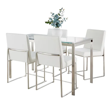 Fuji High Back Contemporary Dining Set In Brushed Stainless Steel, Clear Glass And White Faux Leather - 5 Piece