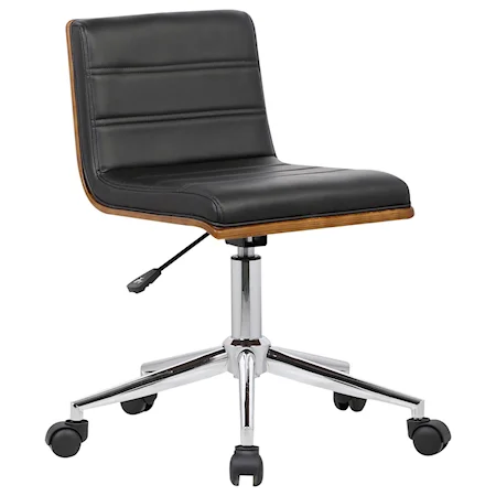 Mid-Century Office Chair in Chrome finish with Black Faux Leather and Walnut Veneer Back