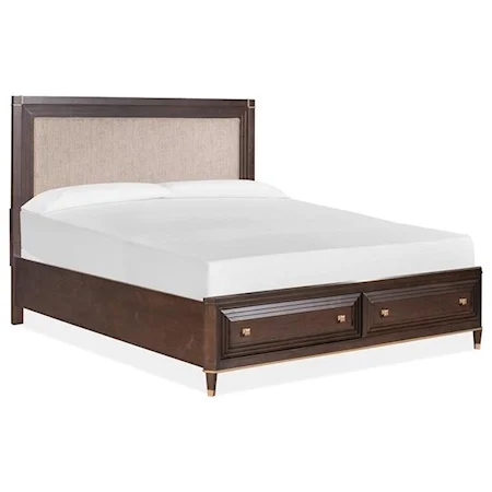 Transitional California King Storage Bed with Upholstered Headboard