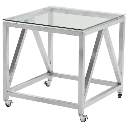 Contemporary Square End Table with Casters in Brushed Stainless Steel Finish with Tempered Glass Top