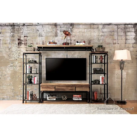 Industrial 4 Piece TV Stand Set with Pier Cabinets and Upper Bridge Shelving