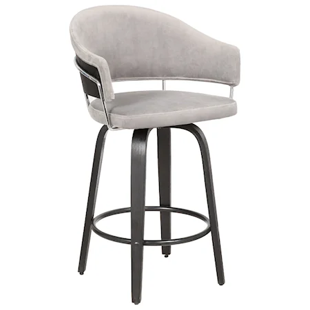 26" Light Gray Velvet Swivel Counter Stool in Black Powder Coated Finish with Chrome and Black Brushed Wood