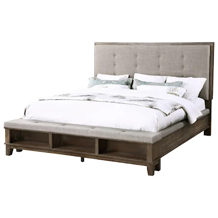 Transitional Upholstered Queen Platform Bed with Footboard Storage