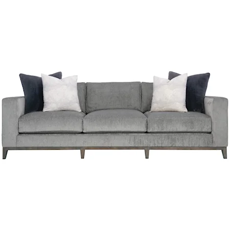 Contemporary Sofa with Down Seat Cushions, Throw Pillows, and Exposed Wood Rail