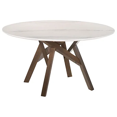 54" Round Mid-Century Modern White Marble Dining Table with Walnut Wood Legs