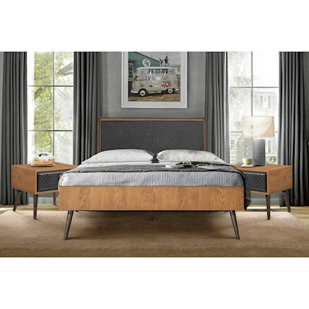 Rustic 3-Piece Upholstered Platform Bedroom set in Queen with 2 Nightstands