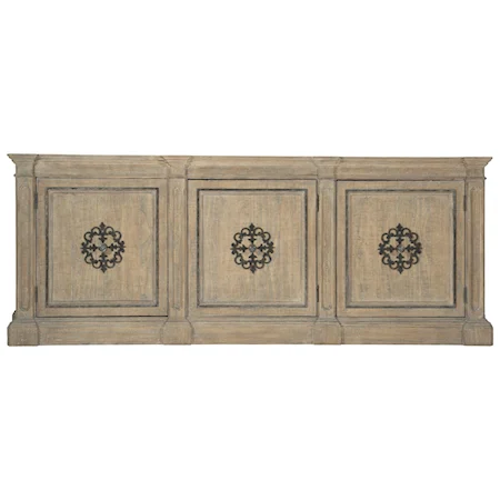 Traditional Entertainment Credenza with Decorative Metal Overlays