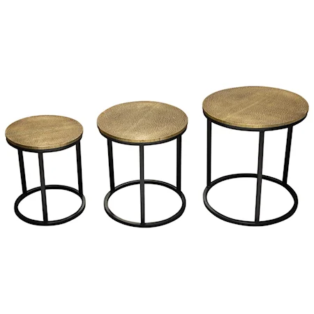 3PC Nesting Set of Accent Tables w/ Hammered Brass Tops & Black Iron Base