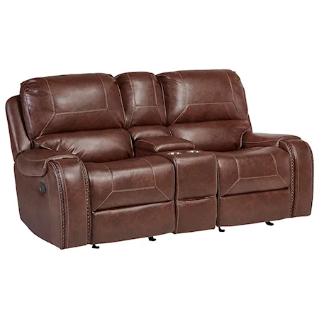 Transitional Reclining Glider Loveseat with Console and Cup Holders