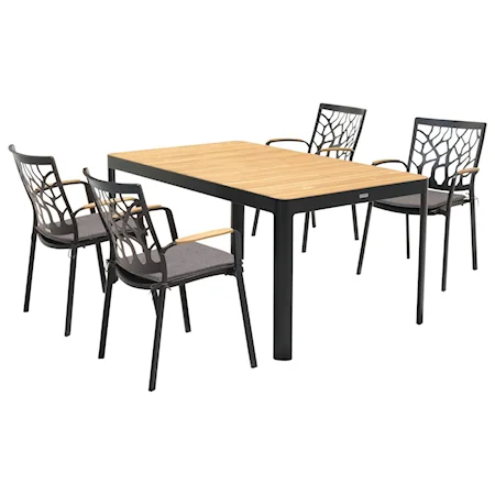 Contemporary Outdoor 5-Piece Dining Table Set with Natural Teak Wood Accent Top