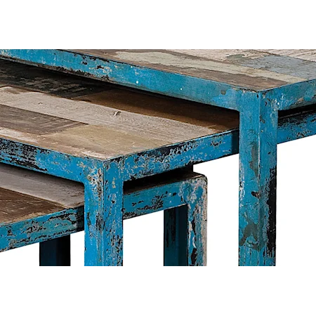 Three Reclaimed Wood & Iron Nesting Tables with Distressed Multi-Color Finish