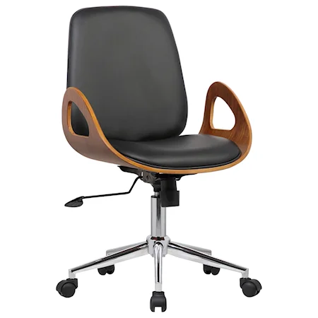 Mid-Century Office Chair in Chrome finish with Black Faux Leather and Walnut Veneer Back