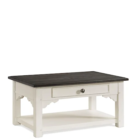 Cottage Cocktail Table with Drawer, Open Shelf, and Removable Casters