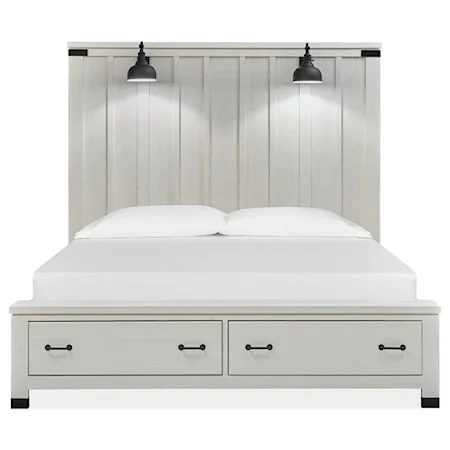 Farmhouse Industrial Queen Storage Panel Bed with Built-In Lighting