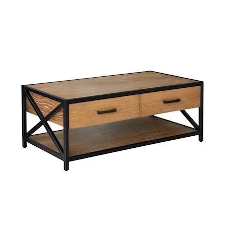 Light Brown Metal Framed Two Drawer Cocktail Table