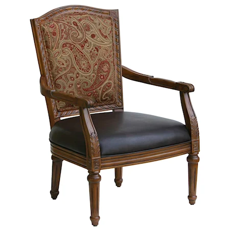 Handsome Carved High Back Chair with Wood and Upholstery