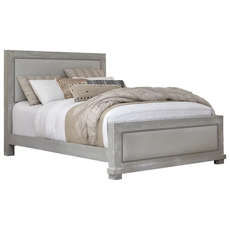 California King Upholstered Bed with Distressed Pine Frame