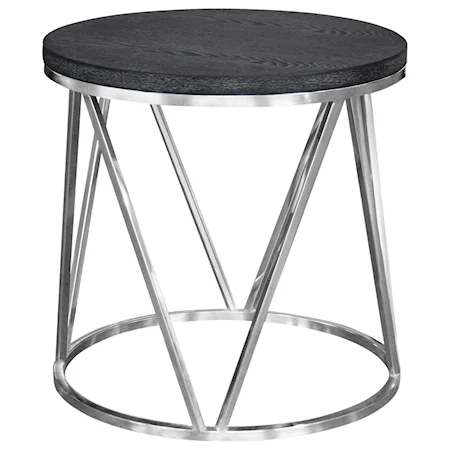 Contemporary Round End Table in Polished Stainless Steel Finish with Grey Top