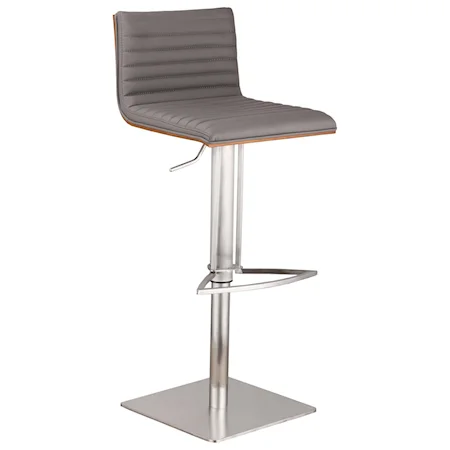 Adjustable Swivel Barstool in Brushed Stainless Steel with Gray Faux Leather and Walnut Back