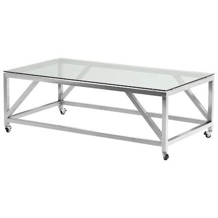 Contemporary Rectangular Coffee Table with Casters in Brushed Stainless Steel with Tempered Glass Top