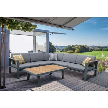 Outdoor Patio Sectional Set in Gray Finish with Gray Cushions and Teak Wood