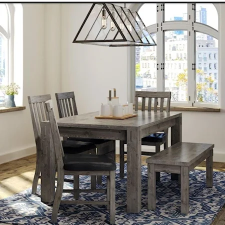 Rustic Table and Chair Set with Bench and Upholstered Chair Seats