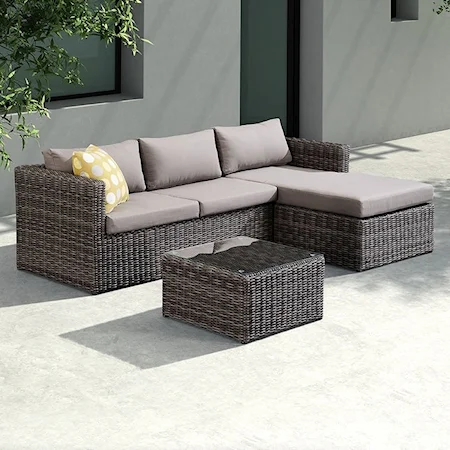 Contemporary 3-Piece Outdoor Rattan Sectional Chaise Set with Brown Cushions and Modern Accent Pillow