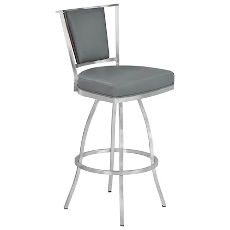 30" Bar Height Metal Swivel Barstool in Gray Faux Leather with Brushed Stainless Steel Finish and Walnut Veneer Back