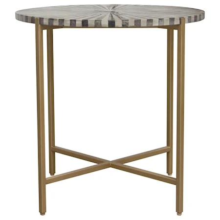 Contemporary Round End Table with Sunburst Inlay Top and Brass Legs