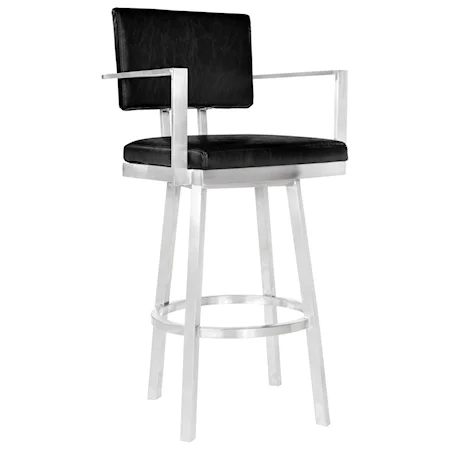 30” Bar Height Bar Stool with Arms in Brushed Stainless Steel and Vintage Black Faux Leather