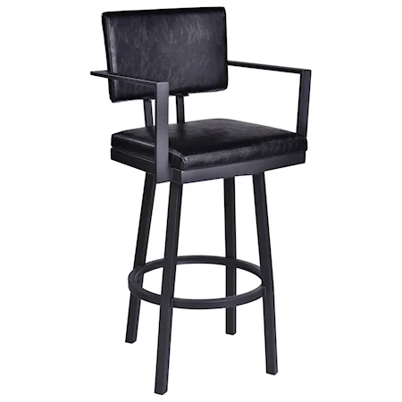 30” Bar Height Barstool with Arms in Black Powder Coated Finish with Vintage Black Faux Leather