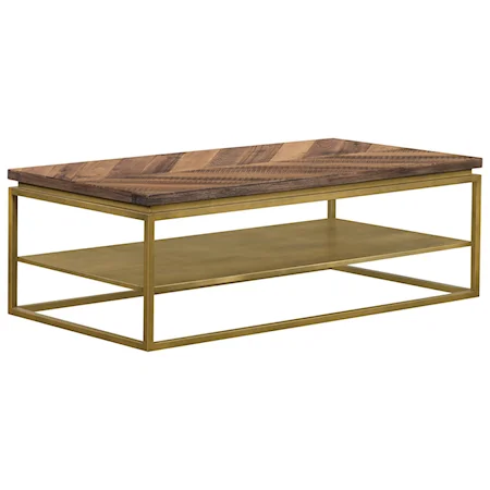 Rustic Brown Wood Coffee Table with Shelf and Antique Brass Metal Base