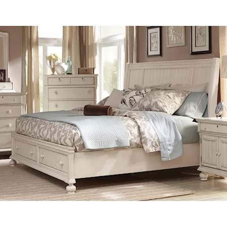 Relaxed Vintage Queen Sleigh Bed with 2-Footboard Storage Drawers
