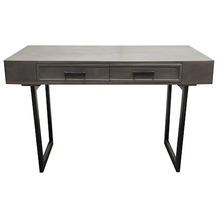 2-Drawer Writing Desk in Solid Mango Wood Grey Finish & Black Iron Legs