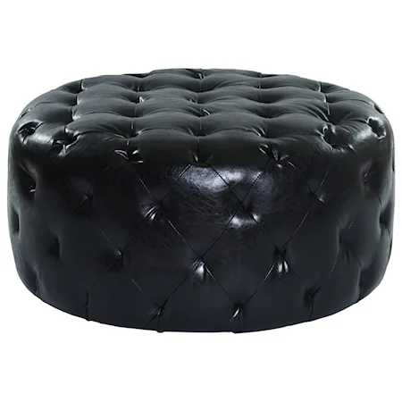 Round Tufted Bonded Leather Cocktail Ottoman