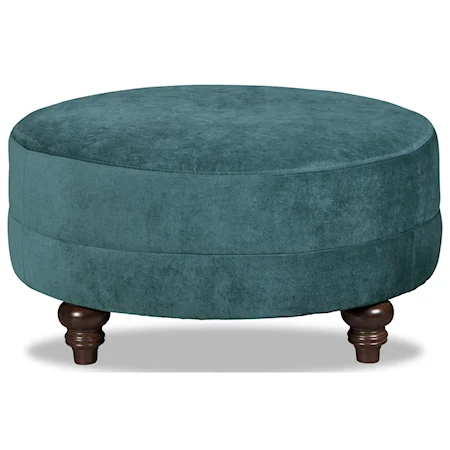 Customizable Small Round Cocktail Ottoman with Double Needle Stitching and Turned Legs