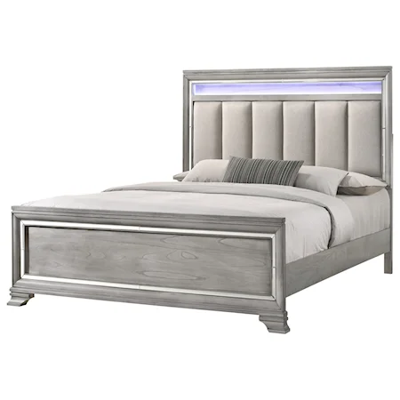 Glam Upholstered California King Bed with Mirrored Accents