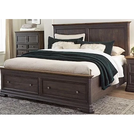 Traditional Queen Low Profile Bed with Footboard Storage