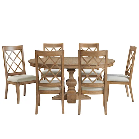 Transitional 7-Piece Pedestal Dining Set with Wood Back Side Chairs