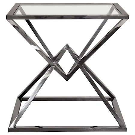 Transitional Square Stainless Steel End Table with Glass Top