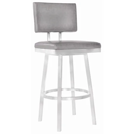 30” Bar Height Barstool in Brushed Stainless Steel with Vintage Grey Faux Leather